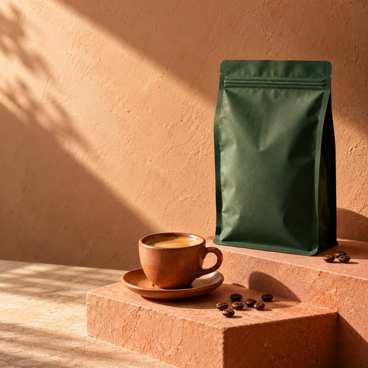 Fictional Daybreak coffee campaign with a forest-green coffee pouch and terracotta espresso cup in warm morning light.