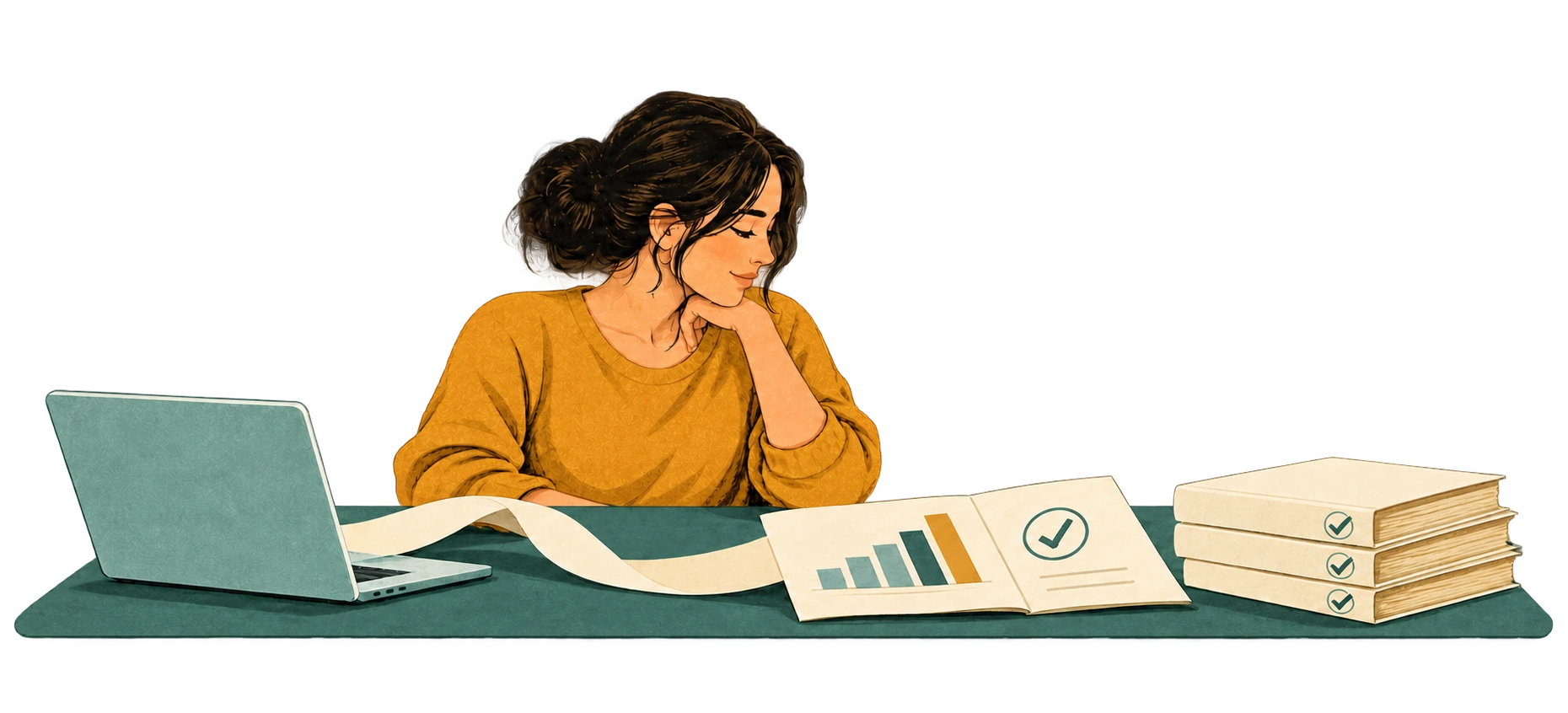 A colleague reviews a completed report, with a flowing paper ribbon connecting her laptop to finished work.
