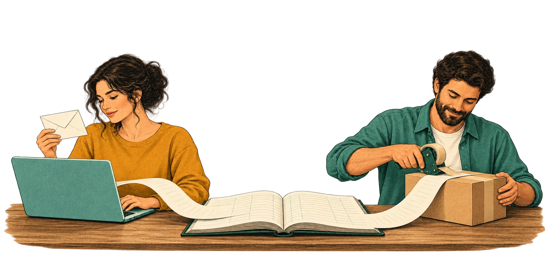 Two colleagues connected through email, a parcel and a shared ledger by a flowing paper ribbon.